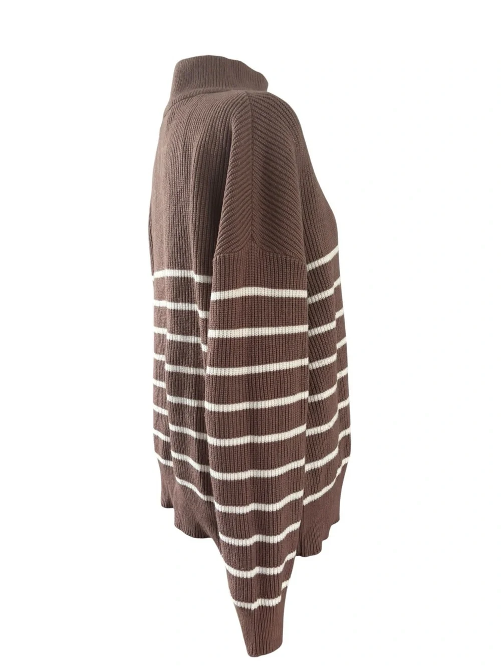 Striped Brown Half‑Zip Cowl Neck Sweater